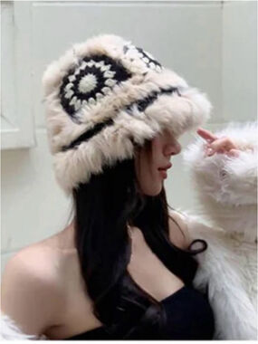Vintage Real Rabbit Fur Crochet knit Hat bucket